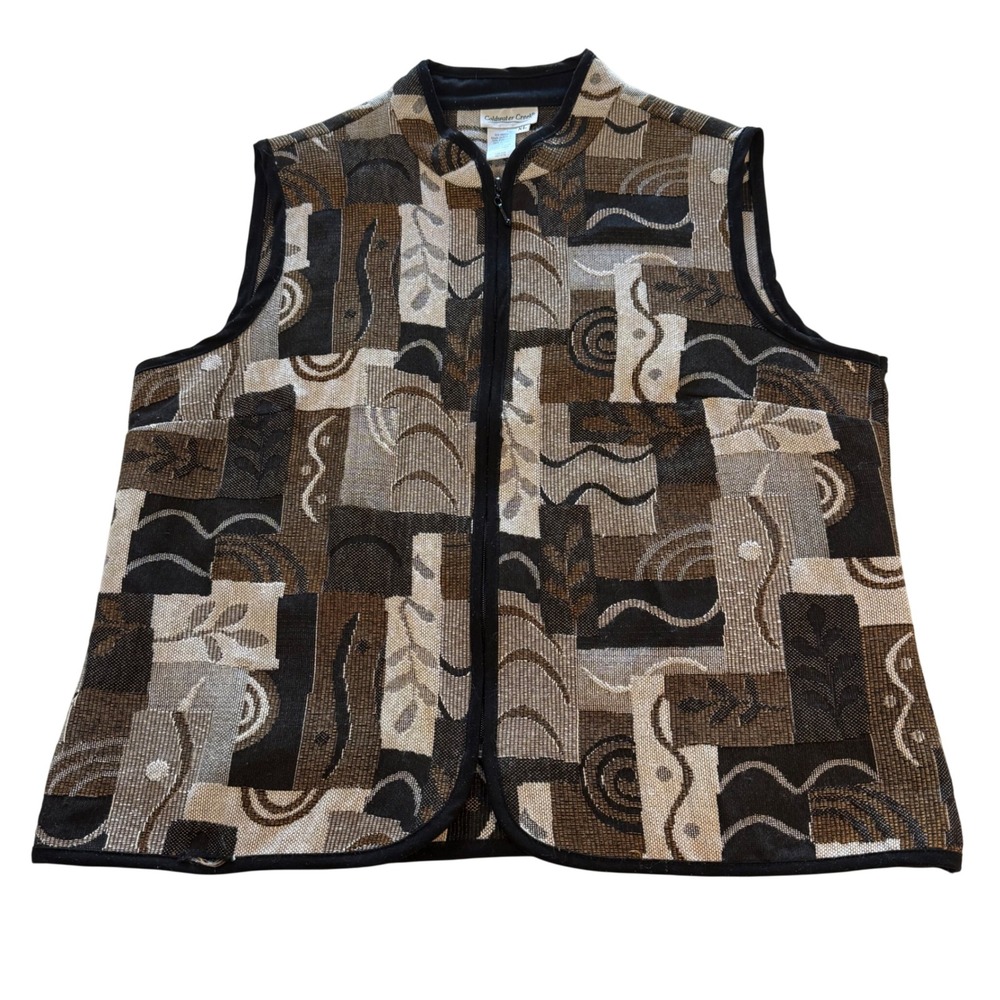 Coldwater Creek Women XL Geometric Patchwork Tapestry Vest Vintage Grannycore